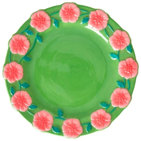 Rice Ceramic Cake Plate With Embossed Flower Design - Plate